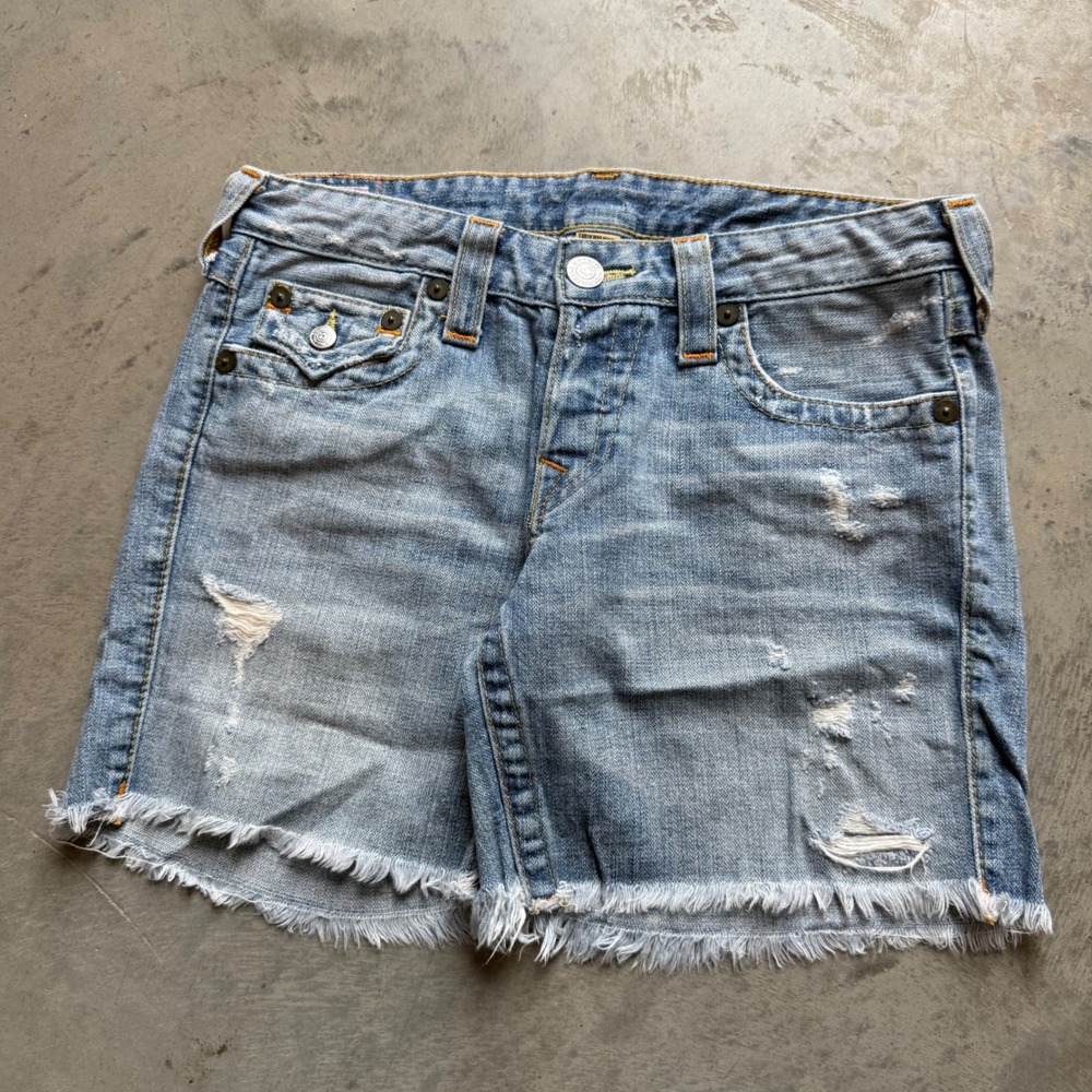 True Religion Joey Cut Off Distressed Denim Shorts Light Wash Size 27